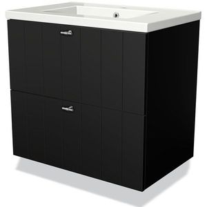 Modulo Badkamermeubel met wastafel | 70 cm Mat zwart Lamel front Keramiek 2 lades onder elkaar