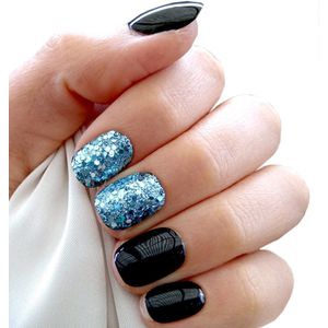 SD Press on Nails - B138 - Plaknagels met nagellijm - Kort Naturel Kunstnagels - Zwart en blauw glitter - Set 20 Nagels