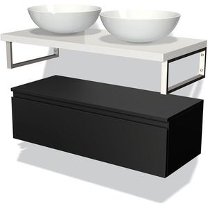 Modulo Plato Badkamermeubel voor waskom | 100 cm Mat zwart Greeploos front Hoogglans wit blad Laag zwevend