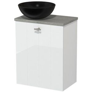 Toiletmeubel met waskom | 41 cm Hoogglans wit Lamel front Mat zwart Keramiek waskom Grijs eiken blad