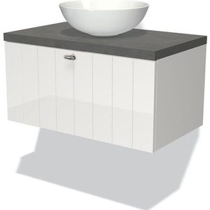 Modulo Plato Badkamermeubel voor waskom | 80 cm Hoogglans wit Lamel front Donkergrijs beton blad 1 lade