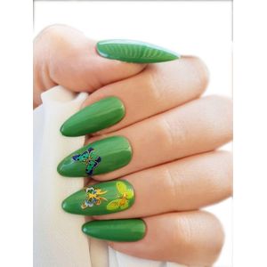 SD Press on Nails - B-Series - Plaknagels - Nagelset 20 Nagels - B113 - Groen Vlinder - Gellak - Nagellak - Lang Stiletto Nageltips - Nepnagels met Lijm - Kunstnagels - Nail Art - Handmade - Valse nagels - Nagelvijl - Accessoires - Lange Nagels