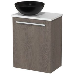Toiletmeubel met waskom | 41 cm Donkerbruin eiken Vlak front Mat zwart Keramiek waskom Hoogglans wit blad