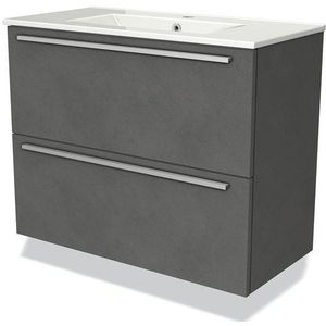 Modulo Slim Badkamermeubel met wastafel | 80 cm Donkergrijs beton Vlak front Keramiek 2 lades onder elkaar