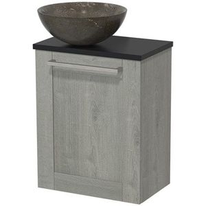 Toiletmeubel met waskom | 41 cm Grijs eiken Kader front Blue stone Natuursteen waskom Mat zwart blad