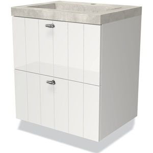 Modulo Badkamermeubel met wastafel | 60 cm Hoogglans wit Lamel front Beton 2 lades onder elkaar