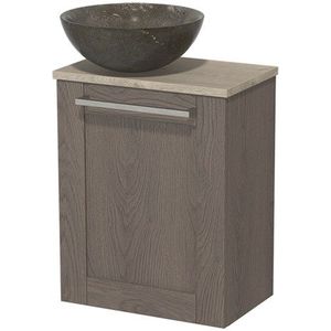 Toiletmeubel met waskom | 41 cm Donkerbruin eiken Kader front Blue stone Natuursteen waskom Lichtgrijs eiken blad