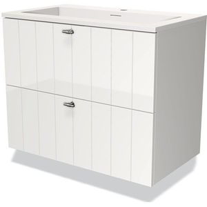 Modulo Badkamermeubel met wastafel | 80 cm Hoogglans wit Lamel front Solid surface 2 lades onder elkaar