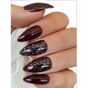 SD Press on Nails - B-71 - Plaknagels - Nagelset 20 Nagels - Donkerrood met glitters - Gellak - Nagellak - Medium Stiletto - Nageltips - Nepnagels met Lijm - Kunstnagels - Nail Art - Handmade - Valse nagels - Nagelvijl - Accessoires - Nepnagels