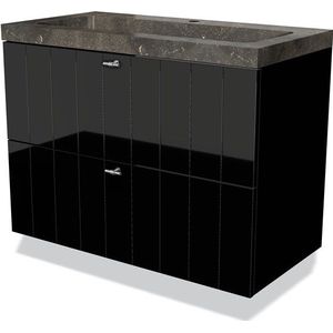 Modulo Badkamermeubel met wastafel | 90 cm Hoogglans zwart Lamel front Natuursteen 2 lades onder elkaar