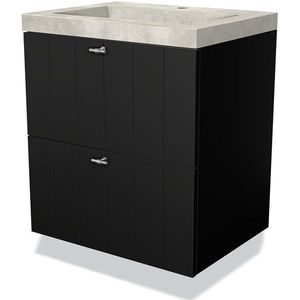 Modulo Badkamermeubel met wastafel | 60 cm Mat zwart Lamel front Beton 2 lades onder elkaar