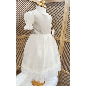 luxe feestjurk-effen jurk-beige tule jurk-communie jurk-galajurk-bruidsjurk-prinsessen jurk-danseres jurk-tutu rok-bruidsmeisjes-bruiloft-verjaardag-fotoshoot-communie-doopsel-lente feest-ballet-bloem strik-haardiadeem-elegant-polyester- 3 tem 4 jaar