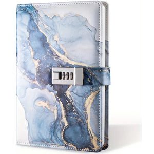 Dagboek met Slot - A5 - Marmerlook Blauw / Goud - Leer - Notitieboek - Notebook - Cadeau tip