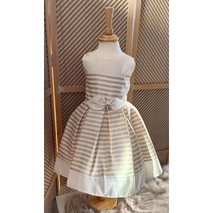 luxe feestjurk -vintage jurk met broche-bruiloft-foto-verjaardag-communie-streepjes-creme beige goud kleur-katoen- 10 jaar maat 140