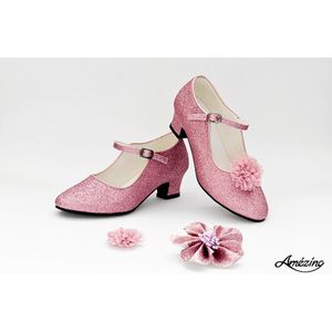 Prinsessenschoen-hakschoen-meisje-prinses-schoen-glitterschoen-roze-dusty pink-pumps-gespschoen-verkleedschoen-bruids accessoire-hakken-(mt 30)