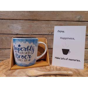 Broer-Broertje-Zwager-Bamboe Maatlepel-Cadeau-Mok-Beker-Theemok-Koffiebeker-Verjaardag-Broer Zussendag-Kerst-Sinterklaas-Sint-Kerstmis-Cadeauset-Stoere Broer-Altijd klaar staan-geweldige broer-top broer-tweeling-tweelingbroer-mannencadeau