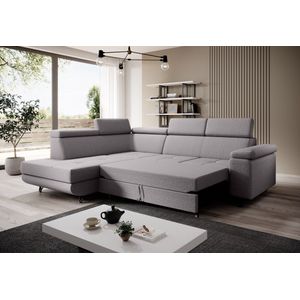 Hoekbank Grijs stof - Met bed en opbergruimte - Lounge ( longchair ) Links - Hoeksalon slaapfunctie en opberging - zetelsenbedden