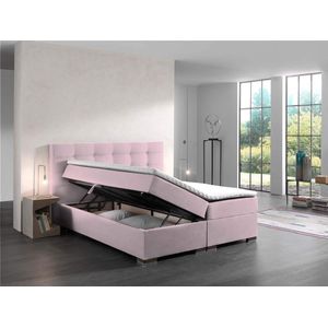 Boxspring Bed Malaga Roze Velvet 140x200 cm compleet met vaste matras en topper - bed compleet met opbergruimte - boxspring met opbergruimte- seatsandbeds