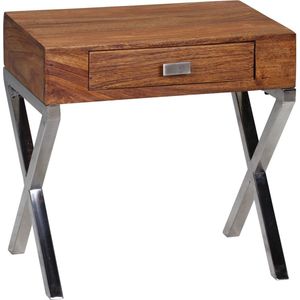 Nachtkastje - Dressoir - Massief Hout - - Lade - Bruin - Zilver - Industrieel - Chroom