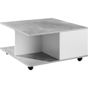 Rootz Salontafel - Salontafel - Vierkant - 2 Laden - Opbergvak - Op Wielen - Wit - Cementgrijs - Bewerkt Hout - 70 x 70 cm