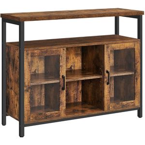 Rootz Dressoir - Opbergkast - Dressoir - Keukenkast - 2 Deuren - 2 Open Compartimenten - Industrieel - Bruin - Zwart - Bewerkt Hout - Metaal - 100 x 35 x 80 cm