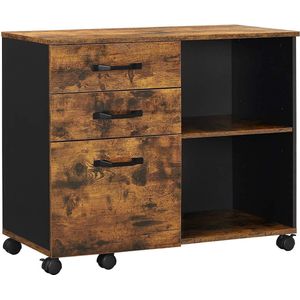 Rootz Archiefkast - Rolcontainer - Ladekast - Op Wielen - Opbergvakken - Industrieel - Bruin - Zwart - Bewerkt Hout - Metaal - 80 x 40 x 66 cm