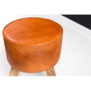 Kruk - Kruk - Hocker - Poef - Geitenleer - Handgemaakt - Mangohout - 37x45x37 cm - Rond - Bruin