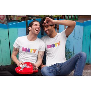 Shirt - Unity - Wurban Wear | Grappig shirt | Pride | Unisex tshirt | Pride vlag | Regenboog vlag | LGBTQ | Make up | Gay | Liefde | Wit