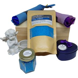 UITVERKOOP OP=OP | Zeepkist Totale ontspanning - 1 x zak 350gr. Aroma badzout - potje badzout - zeep roos - Hart blikje zeep -Engel theelicht