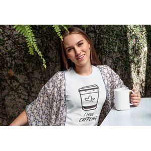 Shirt - I love caffeïne - Wurban Wear | Grappig shirt | Koffie | Unisex tshirt | Koffiezetapparaat | Koffiebonen | Wit