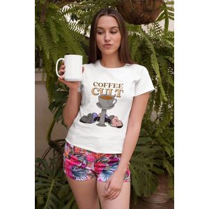 Shirt - Coffee cult - Wurban Wear | Grappig shirt | Koffie | Unisex tshirt | Koffiezetapparaat | Koffiebonen | Wit