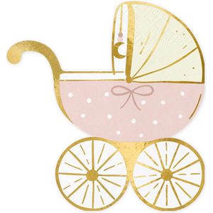 56-delige-roze-babyshower-geboorte-feestset-met-20-kinderwagen-servetten-18-bordjes-gouden-randje-18 bekertjes-gouden-randje-voor een afwasvrij feestje