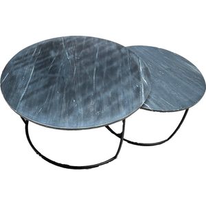 Marble Living ® | Salontafel Set van 2 - Zwart (Black) | Marmer Look - Ø75 / Ø 60 - Bijzettafel - Tafel Rond - Woonkamer Tafel - Decoratie Tafel - Salon Tafel - Wandtafel - Koffietafel - Zwart Metalen Frame