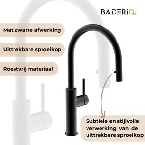 BaderiQ® - Keukenkraan - Toulouse - Keuken kraan - Uitrekbare uitloop - New Design 2024 - Zwart - Draaibare uitloop 360 - Koud en Warm - Plug and Play montage