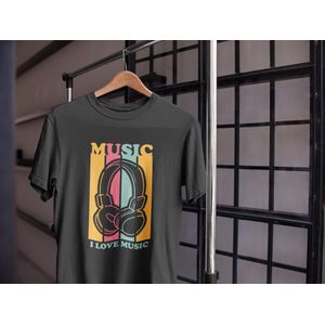 Shirt - I love music - Wurban Wear | Grappig shirt | Keyboard | Unisex tshirt | Muziek | Koptelefoon | Oortjes | Wit