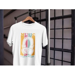 Shirt - I love music - Wurban Wear | Grappig shirt | Keyboard | Unisex tshirt | Muziek | Koptelefoon | Oortjes | Wit