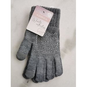 Grijze dames handschoenen met strass steentjes en grijze vingertippen met touchscreen functie one size