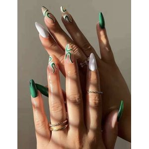 Nep nagels - Plaknagels - Witte/groene lijntjes - Lang - Ovaal