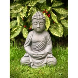 Boeddha lotus klein 33 cm hoog - fibreclay - cement - beeld - tuinbeeld - hoogkwalitatieve kunststof - decoratiefiguur - interieur - accessoire - voor binnen - voor buiten - cadeau - geschenk - verjaardag - nieuwjaar - kerst - relatiegeschenk