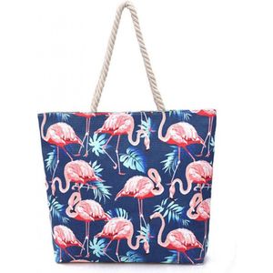 Strandtas donkerblauw met flamingo's 37x38x13cm