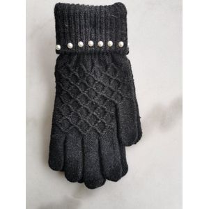 Warme donkergrijze dames handschoenen met geruit motief met overslag en witte parels aan de pols one size