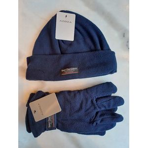 Winterset heren blauw: Muts met 2 lagen fleece en Handschoenen dubbele laag fleece en velcrosluiting aan de pols