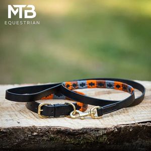 Leren halsband met lijn maat L - Polo print oranje bruin grijs - MTB Equestrian