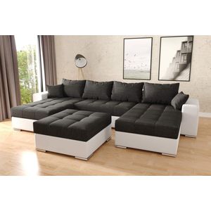 hoekbank Best white and black + hocker / poef - Hoeksalon wooneiland best- white and black- met opbergruimte en bedfunctie-