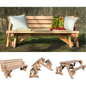 Inklapbare Picknicktafel - Bank en Picknicktafel 2 in 1 - model M 2 tot 5 personen - Douglas hout - GEEN schroefgaten in tafelblad - 4,5 cm hout dikte - volledig gemonteerd geleverd