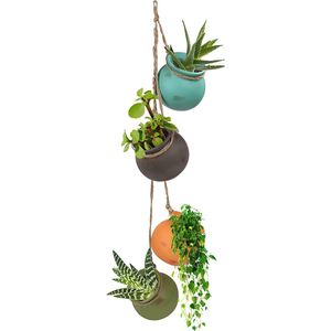 Keramische hangende plantenbak set van 4 bloempotten, kleurrijke hangende mand, vetplantenpotten voor muur of plafond, decoratieve plantenpotten met touwhanger Ideaal voor binnen, buiten, tuin