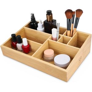 organizer, cosmetica-organizer, opbergbox van hout met natuurlijke nerf, voor badkamer, make-uptafel