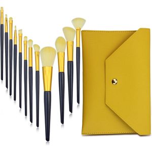Set make-upborstels, draagbare cosmetische penselen, gezichtspoederborstels, oogschaduwborstels, make-upborstels, geel, 12 stuks