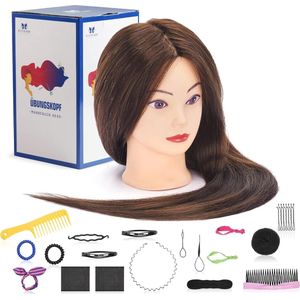 Oefenhoofd, 71 cm, 60% echt haar, kapperskoppen voor kappers, opleiding, hoofd met houder + doe-het-zelf haarset (bruin)