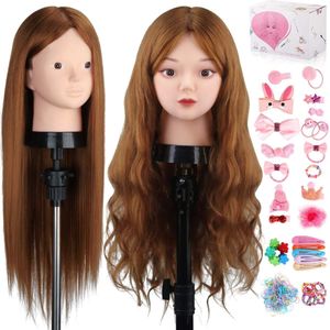 23.5 inch 80% Echt Menselijk Haar Training Hoofd Cosmetologie Make-up Kappers Etalagepop Dummy Pop Hoofd met Tafelklemhouder + DIY Haarstyling Vlecht Set, Lichtbruin